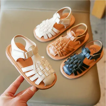 2022 Нови обикновена сандали за момичета винтажного плетене, сандали със затворени пръсти за момичета, детски сандали на равна подметка за момичета, лятна детски обувки F02234