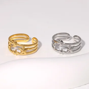 3 слой прости златни сребърни пръстени със звездите и Луната, за жени и момичета, Регулируеми открити пръстени за пръстите от неръждаема стомана Подаръци