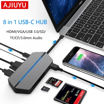 AJIYUU 8 в 1 C USB ХЪБ да, HDMI, SD/TF карта CF четец на карти USB3.0 Порт Адаптер Type-C Докинг станция за Преносими компютри MacBook Pro Air