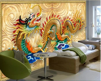 beibehang Тапети и стенни 3d изработени по поръчка в китайски стил скулптура на златния дракон фотообои фонова стенни стенопис от папие-маше 3d