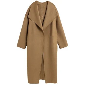 Hwitex/ вълнени Дамски кожени якета, Меховое палта, дамски минималистичные тренчи с яка-лацканом, Обикновена вълнени палта X-long HW2112