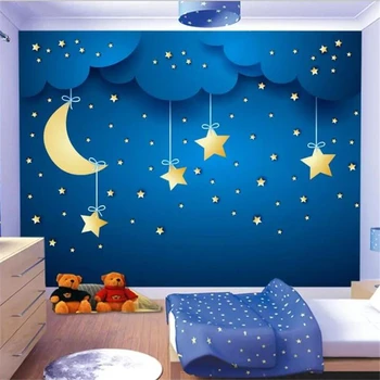 papel de parede 3D Потребителски фотообои Напреднал синьо звездното небе и луната карикатура на фона на детската стая рисувани стенни аксесоари за дома