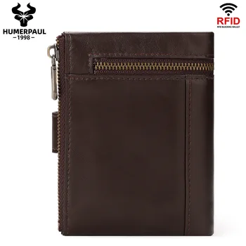 RFID-антимагнитный портфейл от телешка кожа, портмоне с цип, джобове за карти, кратък портфейл, чанта за монети, луксозен мъжки клатч