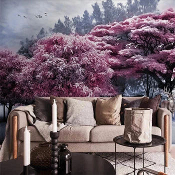 wellyu Индивидуални големи стенни тапети 3d красив розов гора, пейзаж с голямо дърво, модни тапети за декориране на дома