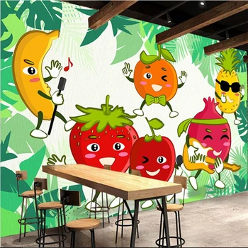 wellyu, сладък cartoony зелен плодов магазин, ресторант, на фона на стенни картини, голяма фреска на поръчка, зелени тапети