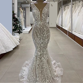 Винтажное сватбена рокля с V-образно деколте, без ръкави, с аппликацией във формата на русалки, женствена рокля с дължина до пода, сватбени рокли Mariage, илюзия на арабския Дубай