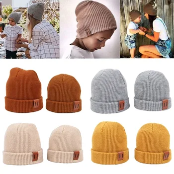Детска вязаная шапка за момичета и момчета, есен-зима, топла детска шапка за възрастни, шапки за родители и деца, шапка за новородено с кожена етикет