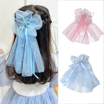 Детска шнола за коса на принцесата във формата на снежинки, детска шнола с мрежесто лък, елегантни сладки аксесоари за стайлинг на коса