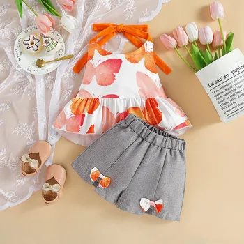Детски дрехи за годишни момичета, нова сладък комплект, тениска с цветя модел за момичета, панталони с папийонка, идеална за тайна на новороденото одеяло