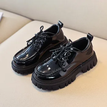 Детски кожени обувки от лачена кожа с кръгло бомбе дантела, модерен е черно-кафява обувки на равна подметка за момчета и момичета на платформата 26-36, стилни детски обувки