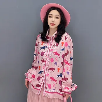 Елегантна риза с принтом, дамски пролетно-лятна тънка блуза с отложным яка и дълъг ръкав, розови върхове Пролетна риза