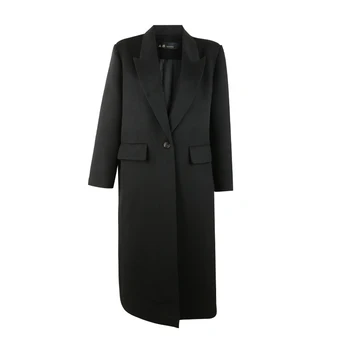 Есен топлото черно палто, вълнена, всекидневен костюм, яка с дълъг ръкав, единична обтегач, женски покривка козината е със средна дължина