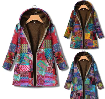 Есенно-зимния ново дамско винтажное палто от памук и лен, ивица с принтом, палто с цип, с качулка
