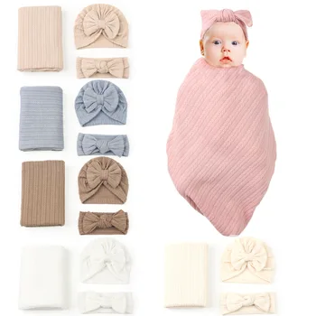 Есенно-зимно детско одеало, вязаное пеленальное приключи и за новородени с лък, шапка-тюрбан, превръзка на главата, комплект за получаване на одеяла подарък за детската душа