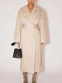 Жена непромокаемое палто 2022, есен-зима, женски отложной яка, дълъг ръкав, свободна топло модерно яке със средна дължина, с колан
