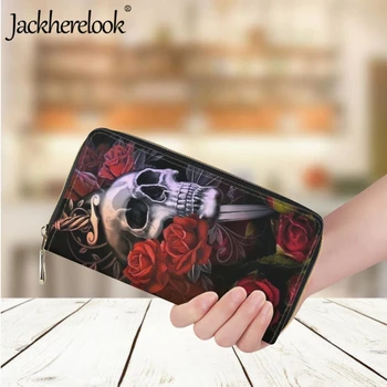 Жена портфейл Jackherelook Ужас, модерен дизайн с принтом на черепа, рози и меч, дълъг кожен луксозен портфейл, държач за карти, клатч за момичета