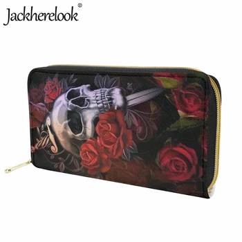 Жена портфейл Jackherelook Ужас, модерен дизайн с принтом на черепа, рози и меч, дълъг кожен луксозен портфейл, държач за карти, клатч за момичета