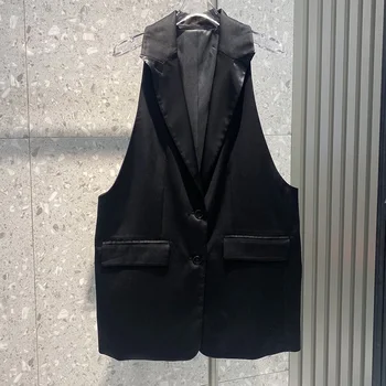 Жена ретро черно сако, жилетка, лятна писта, V-образно деколте, однобортные джобове, класическа дълга яке без ръкави, модни обикновена върховете