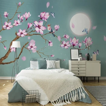 Индивидуален размер, китайски стил, Цветя Магнолия, Птици, Фотообои в лунна светлина спалня, всекидневна декор, TV-фон, wallpaper 3D
