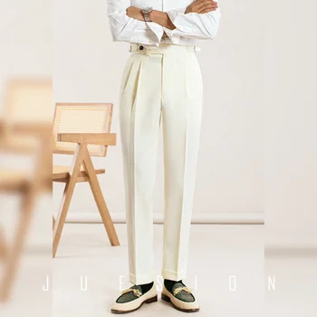 Кафяви прави панталони с висока талия за почивка, мъжки универсални офис панталони, модерен бизнес италиански парижките панталони с копчета, модни