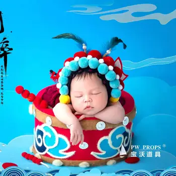Китайската класическа Пекин оперната шапка Реквизит за снимки на новородени Ръчно изработени Детска шапчица с помпоном Подпори