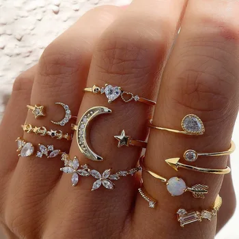 Комплект пръстени с бохемски геометричен кристал, любовно сърце, Пеперуда, Звездата, Луната, пръстени за жени, модни бижута, очарователни вечерни сватбени подаръци