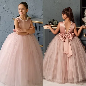 Красиви сватбени рокли за момичета в едно цвете с розови перли, бродирани с мъниста, 2023, тюлевое принцеса рокля с пищна кръгло деколте без ръкави за първо причастие