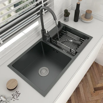 Кухненска мивка с двойна чаша от неръждаема стомана 304 с горния или долния кран Тъмно сиво за домашно оборудване, Аксесоари