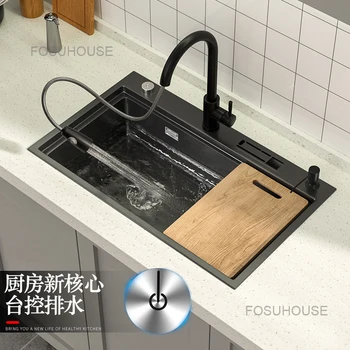 Кухненска мивка с един резервоар, черен Нано-стъпало за мивка, трамплин за миене на съдове, кухненски принадлежности от неръждаема стомана