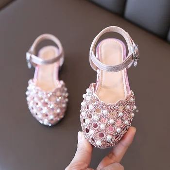 Летни сандали за момичета; модерни детски обувки принцеса с изрезки от перли; празнична обувки за малки момичета; размери 26-36 SWL013