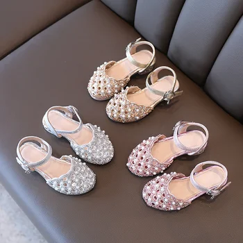 Летни сандали за момичета; модерни детски обувки принцеса с изрезки от перли; празнична обувки за малки момичета; размери 26-36 SWL013