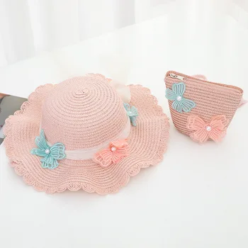 Лятната сламена шапка от слънцето за малки момичета, 5 цвята, детска лятна защита, широкополые шапки с реверсивным лък и чанта през рамо, комплекти