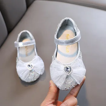 Модни детски обувки за момичета, вечерни сватбени обувки с кристали и лък, студентски обувки на принцесата на равна подметка, пролет-есен H790