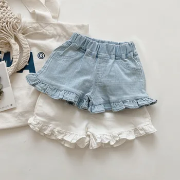 Модни панталони за момичета, дънкови шорти, новост лятото 2023, корейската версия, ежедневни еластична талия с рюшами, универсални, сладък и обикновен