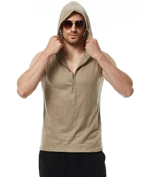 Мъжки ежедневни тениска с качулка, къс ръкав и V-образно деколте, монтиране жилетка от чист памук с къс ръкав, базова лек памучен тениска