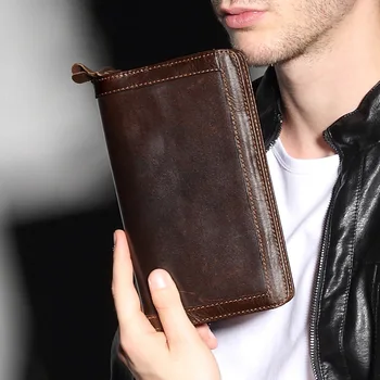 Мъжки портфейл от естествена кожа в двоен цип, мъжки портфейл, бизнес дълъг чантата си за телефон, мъжки чанти