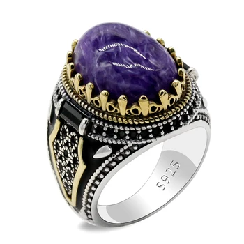 Мъжки пръстен Turkiye от сребро 925 проба, овално пръстен с естествен лилаво драконьим камък, Прости класически бижута, Подаръци за мъже и жени