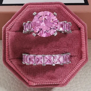Набор от годежни пръстени за булката розово и сребристо на цвят, кройката принцеса, Cz за младоженци, подарък за годишнина, годеж, бижута R4869