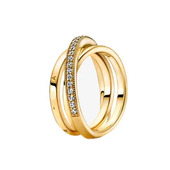 Нов Подарък на Пандора Luxury Jewelry 14к бъде позлатен пръстен от смес от Метални Маркова Колекция Crossover Pavé Пръстен с троен панделка за рождения си Ден