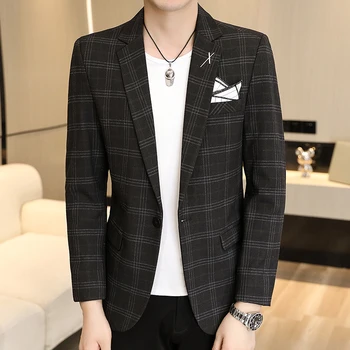 Новата мъжка мода корейската версия на ежедневна блейзър Everything Gentleman Slim Trend в клетката, удобен блейзър за водещ на сватба в италиански стил