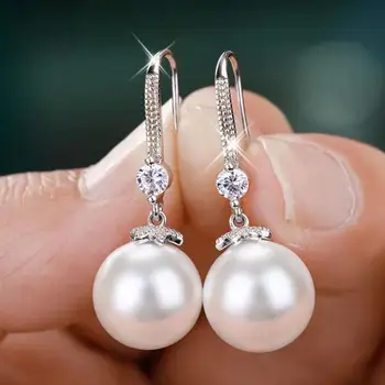 Обеци-куки от изкуствени перли, кристали, блестящи обеци с имитация на перли за сватбеното парти, банкет, подаръци
