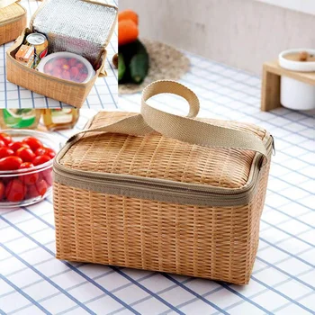 Преносима Удебелена Чанта за пикник с имитация на Ратан, водоустойчив, с принтом Bento, за хранене на открито, на къмпинг, чанта за Bento, обяд-бокс, чанта за обяд