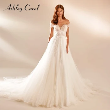 Сватбена рокля трапецовидна форма Ашли Carol 2022, расшитое мъниста, сладка булка с отворен гръб, колан с открити рамене, пенливи сватбена рокля на принцеса