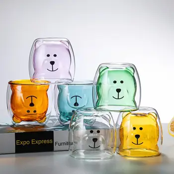 Стъклена чаша с двойни стени, очарователни, чаши за кафе във формата на мультяшного мечка за кухня, стъклена чаша за еспресо, подарък за рожден Ден