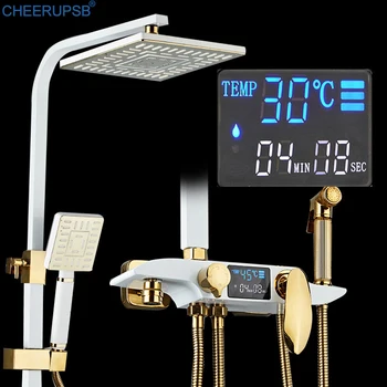 Термостатичен комплект за къпане, цифров душ система за баня, монтиран на стената lcd led смесител за вана, смесител за топла и студена вода, СПА-дъждовна кран, Led Месинг