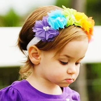 Хубава превръзка на главата с разноцветни шифоновыми цветове за момичета, лейси цвете дъгова превръзка на главата за деца, детски аксесоари за коса, подпори за фотосесия