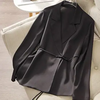 Черен Женски Тънък Свободен костюм на един пуговице, палта, 2023, Новост Пролетта/лятото, Нов Свободен Топ от дантела